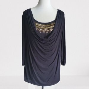 Womens plus size drape front top with gold metal accents 1X